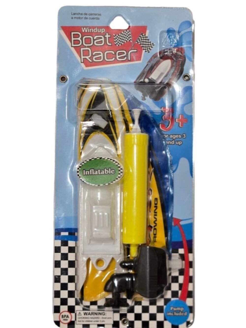 Items 4U Jacent Windup Boat Racer Inflatable Toy Yellow Speed Boat Pump New